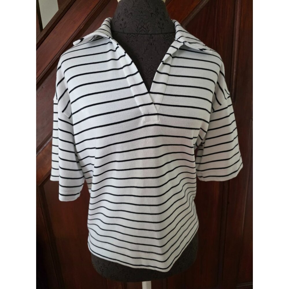Jane & Delancey Striped Collared Short Sleeve Polo Shirt Medium White & Black
